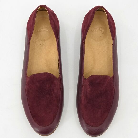 Dansko Lace Shoes Flats Womens Size 7.5 Wine Red Distressed Leather Suede Preppy - Picture 1 of 10